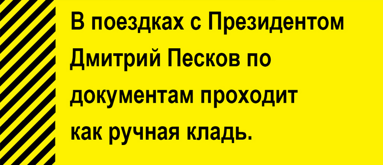 В поездках с Президентом Дмитрий Песков по документам проходит как ручная кладь.